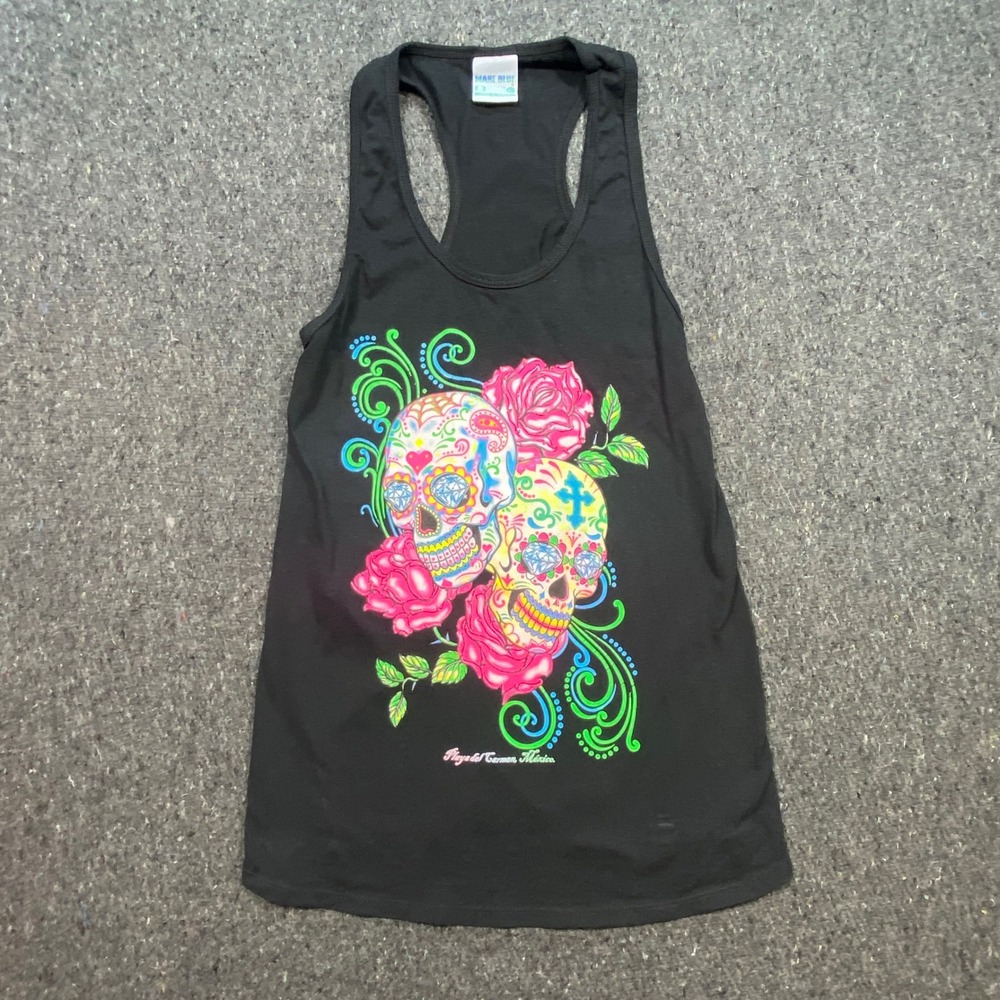 Mare‎ Blue Tank Top XL Womens Black Sugar Skull Playa del Carmen Mexico Graphic